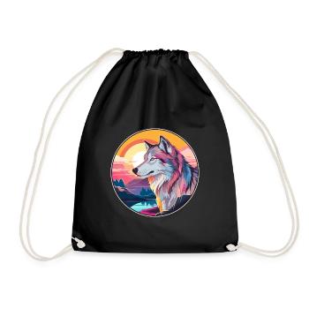 Wolf Colorful Watercolor Cartoon Kawaii Animal - Drawstring Bag - black - Front