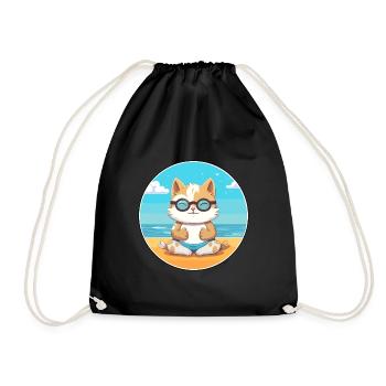 Kitten Cartoon Yoga Beach Summer Illustration - Drawstring Bag - black - Front