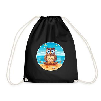 Owl Cartoon Yoga Beach Summer Illustration - Drawstring Bag - black - Front