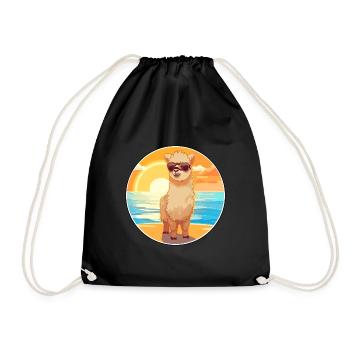 Alpaca Funny Cartoon Kawaii Beach Illustration - Drawstring Bag - black - Front