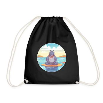 Hippo Cartoon Yoga Beach Summer Illustration - Drawstring Bag - black - Front