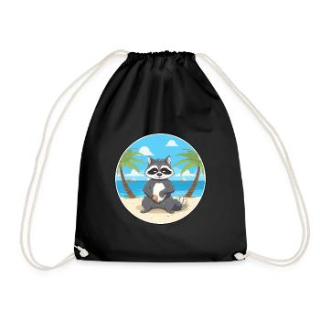 Raccoon Cartoon Yoga Beach Summer Illustration - Drawstring Bag - black - Front