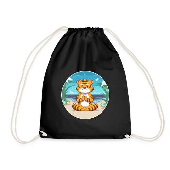 Tiger Cartoon Yoga Beach Summer Illustration - Drawstring Bag - black - Front