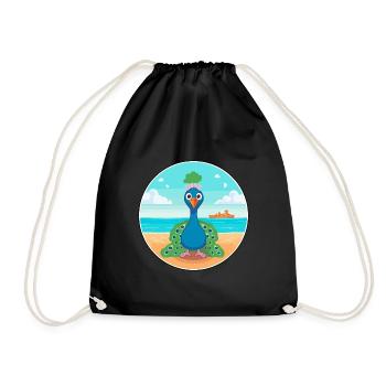 Pfau-Cartoon-Yoga-Strand-Sommer-Illustration - Turnbeutel - Schwarz - Vorne