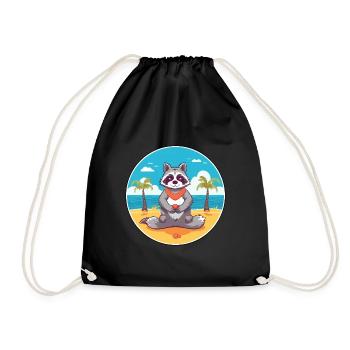 Raccoon Cartoon Yoga Beach Summer Illustration - Drawstring Bag - black - Front