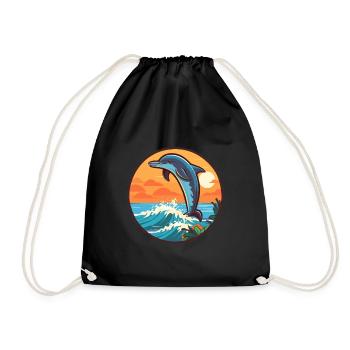 Dolphin Funny Cartoon Kawaii Beach Illustration - Drawstring Bag - black - Front