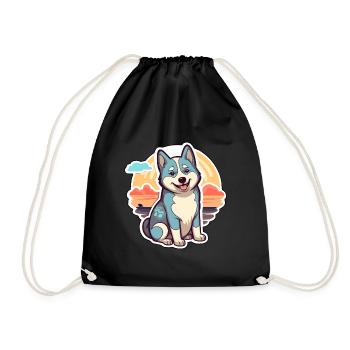 Husky Hund Lustige Karikatur Kawaii Strand Illustration - Turnbeutel - Schwarz - Vorne
