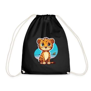 Leopard Lustige Karikatur Kawaii Strand Illustration - Turnbeutel - Schwarz - Vorne