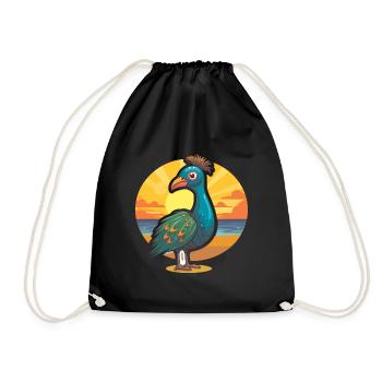 Peacock Funny Cartoon Kawaii Beach Illustration - Drawstring Bag - black - Front