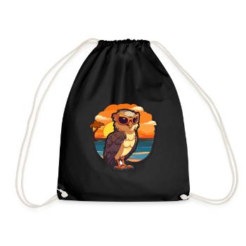 Hawk Funny Cartoon Kawaii Beach Illustration - Drawstring Bag - black - Front
