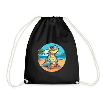 Iguana Funny Cartoon Kawaii Beach Illustration - Drawstring Bag - black - Front