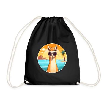 Llama Funny Cartoon Kawaii Beach Illustration - Drawstring Bag - black - Front