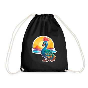 Peacock Funny Cartoon Kawaii Beach Illustration - Drawstring Bag - black - Front