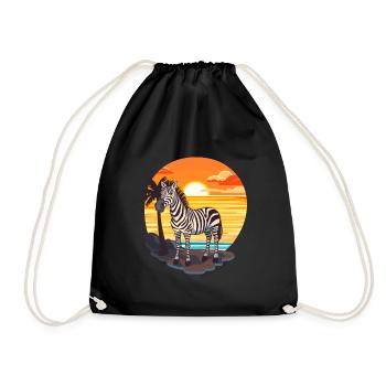 Zebra Funny Cartoon Kawaii Beach Illustration - Drawstring Bag - black - Front