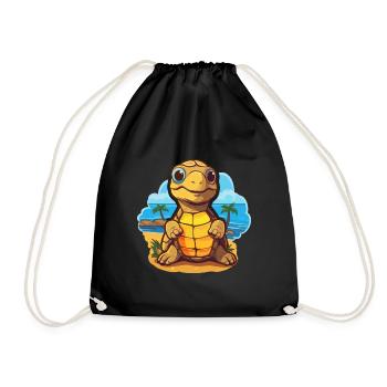 Sea Turtle Funny Cartoon Kawaii Beach Illustration - Drawstring Bag - black - Front