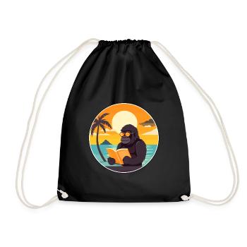Gorilla Cute Funny Cartoon Kawaii Book Beach - Drawstring Bag - black - Front