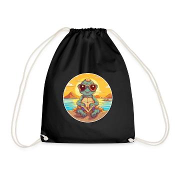 Turtle Cute Funny Cartoon Kawaii Book Beach - Drawstring Bag - black - Front