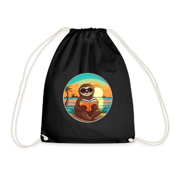 Faultier, niedlich, lustig, Cartoon, Kawaii, Buch, Strand - Turnbeutel - Schwarz - Vorne