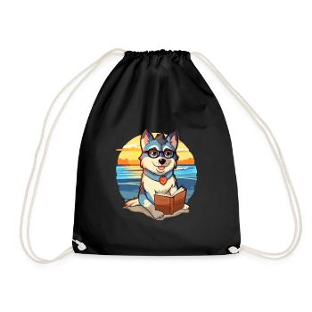 Husky Chien Mignon Drôle Dessin Animé Kawaii Livre Plage - Sac de sport léger - noir - Devant