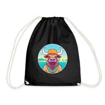 Buffalo Watercolor Cartoon Kawaii Clipart Animal - Drawstring Bag - black - Front