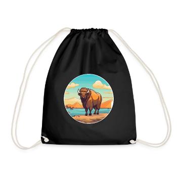 Bison Watercolor Cartoon Kawaii Clipart Animal - Drawstring Bag - black - Front