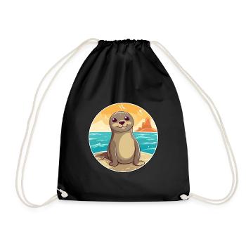 Seal Watercolor Cartoon Kawaii Clipart Animal - Drawstring Bag - black - Front