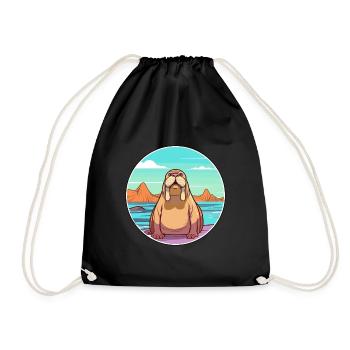 Walrus Watercolor Cartoon Kawaii Clipart Animal - Drawstring Bag - black - Front