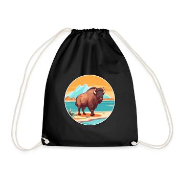 Bison Watercolor Cartoon Kawaii Clipart Animal - Drawstring Bag - black - Front