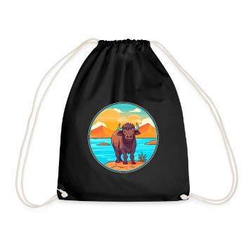 Buffalo Watercolor Cartoon Kawaii Clipart Animal - Drawstring Bag - black - Front