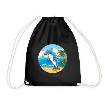 Dolphin Watercolor Cartoon Kawaii Clipart Animal - Drawstring Bag - black - Front