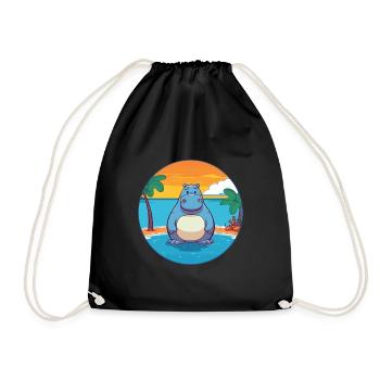 Hippo Watercolor Cartoon Kawaii Clipart Animal - Drawstring Bag - black - Front