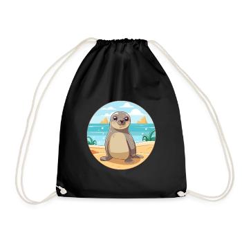 Seal Watercolor Cartoon Kawaii Clipart Animal - Drawstring Bag - black - Front