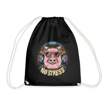 Pig with headphones Funny saying NO STRESS - Drawstring Bag - black - Front