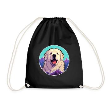 Great Pyrenees Dog Breed Cartoon Kawaii Watercolor - Drawstring Bag - black - Front