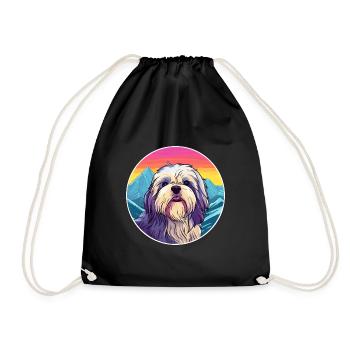 Lhasa Apso Dog Breed Cartoon Kawaii Watercolor - Drawstring Bag - black - Front