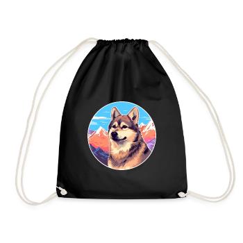 Norwegian Buhund Dog Breed Cartoon Kawaii Watercol - Drawstring Bag - black - Front