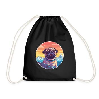 Pug Dog Breed Cartoon Kawaii Watercolor - Drawstring Bag - black - Front