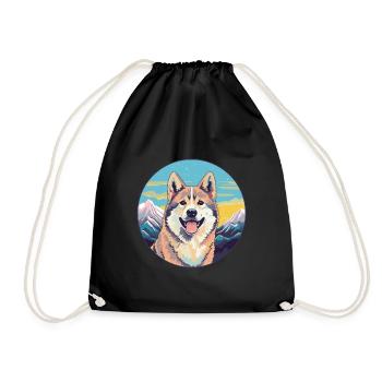 Shikoku Dog Breed Cartoon Kawaii Watercolor - Drawstring Bag - black - Front