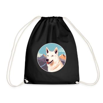 White Shepherd Dog Breed Cartoon Kawaii Watercolor - Drawstring Bag - black - Front