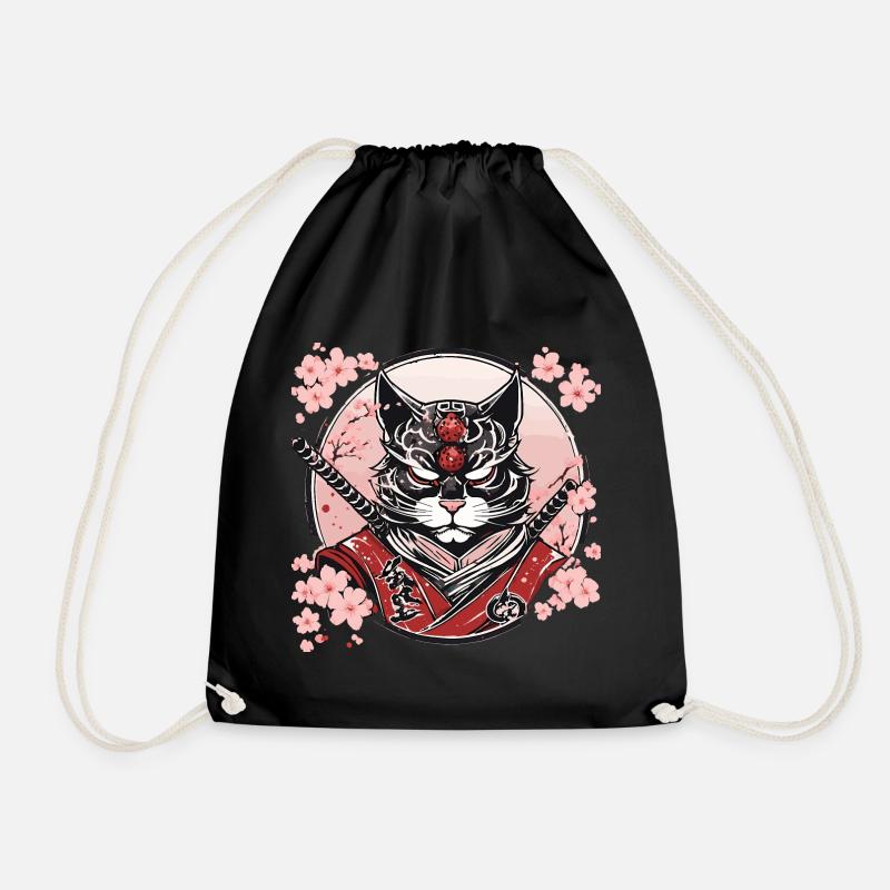 Demonic Kawaii Neko Samurai : cat samurai - Drawstring Bag - black