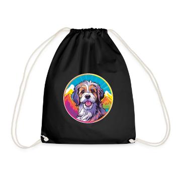 Catalan Sheepdog Dog Breed Cartoon Kawaii Watercol - Drawstring Bag - black - Front