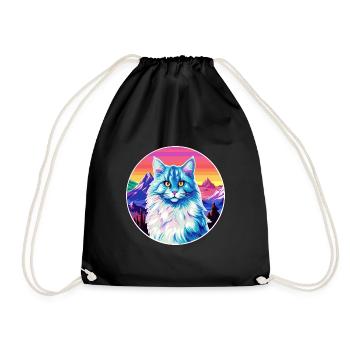 German Longhair Cat Colorful Cartoon Watercolor Il - Drawstring Bag - black - Front