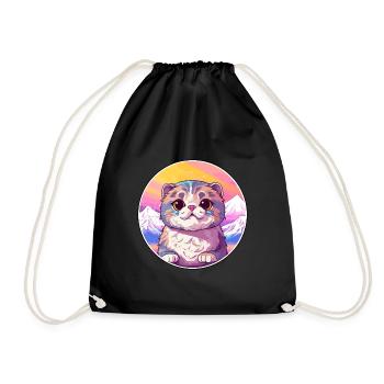 Scottish Fold Cat Colorful Cartoon Watercolor Illu - Drawstring Bag - black - Front