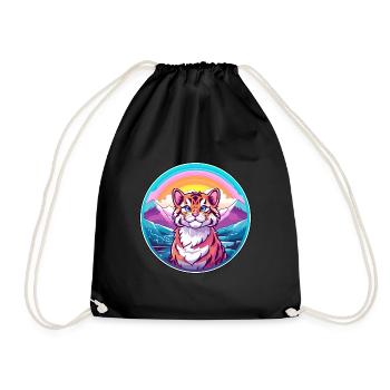 Tiger Cat Colorful Cartoon Watercolor Illustration - Drawstring Bag - black - Front