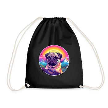 Pug Dog Breed Cartoon Kawaii Watercolor - Drawstring Bag - black - Front