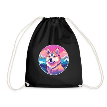 Shikoku Dog Breed Cartoon Kawaii Watercolor - Drawstring Bag - black - Front