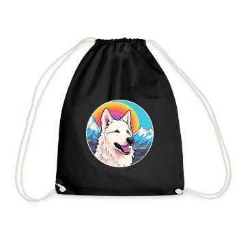 White Shepherd Dog Breed Cartoon Kawaii Watercolor - Drawstring Bag - black - Front