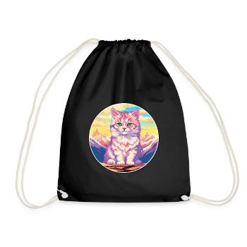 American Curl Cat Colorful Cartoon Watercolor Illu - Drawstring Bag - black - Front