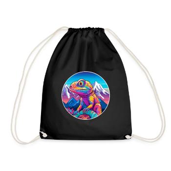 Chameleon Watercolor Cartoon Kawaii Pet Animal Col - Drawstring Bag - black - Front