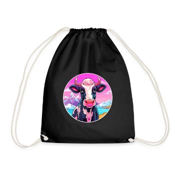 Cow Watercolor Cartoon Kawaii Pet Animal Colorful - Drawstring Bag - black - Front
